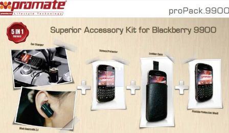 2161815168199 - Computech-Solutions Promotional banner for 5-in-1 Superior Accessory Kit for BlackBerry 9900, showing car charger, screen protector, leather case, and protective film.