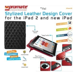 2161815965910 - Computech-Solutions Promate leather-style iPad cover with black quilted back and red folio, showing protective shell, slim fit, and stand angles for iPad 2 and iPad.