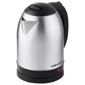 Stainless steel electric kettle with black handle and base; red power indicator on base.