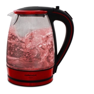 Red and black electric kettle with a glass body, pink liquid boiling inside and visible water level marks (1.8 L max).