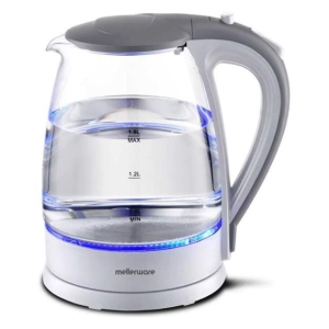 Glass electric kettle with white base and handle, blue LED ring, water inside up to ~1.2 L (MIN/MAX marks) by Mellerware.