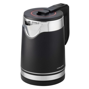 Cordless electric kettle with a black matte body, chrome spout, and red ring on the lid edge.