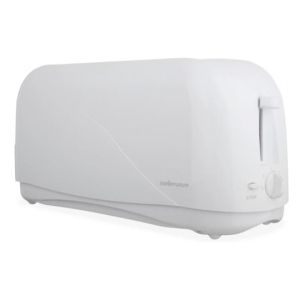 White two-slice toaster with a vertical right-side lever and a round control knob on the front panel.
