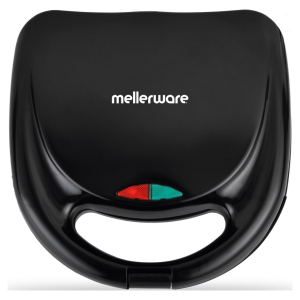 Black Mellerware sandwich press with red/green indicator lights and a built-in handle for closing and grilling sandwiches