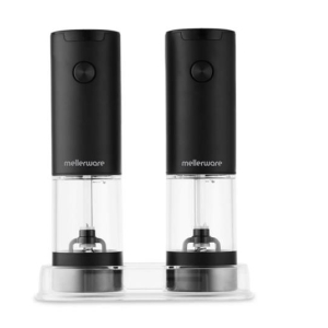 26005 - Computech-Solutions Two black Mellerware electric spice grinders on a shared clear glass base (salt/pepper setup).
