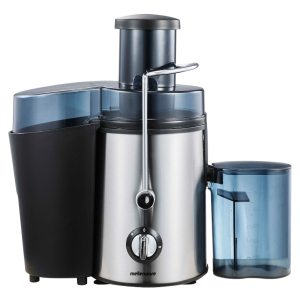 Stainless steel juicer with a blue plastic pulp bin and a detachable juice container on the right side.