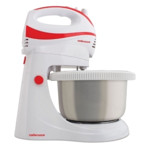 White and red stand mixer with a stainless steel mixing bowl for baking batter or dough