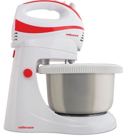 26401A - Computech-Solutions White and red stand mixer with a stainless steel mixing bowl for baking batter or dough