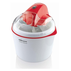 White and red Mellerware Crema Deluxe cream maker with a transparent lid.