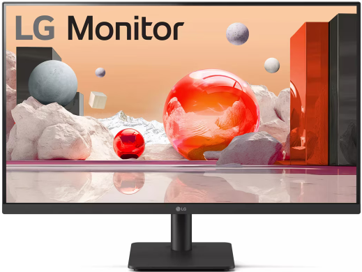 27MS500-B - Computech-Solutions LG monitor on a black stand displaying an abstract orange landscape with red spheres on screen