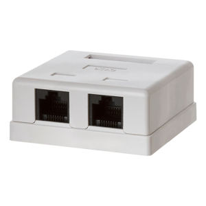 White dual-port network adapter with two RJ-45 sockets on a small plastic block (Ethernet/phone splitter).