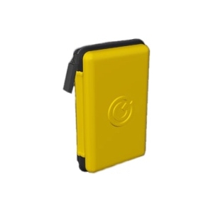 Yellow hard-shell protective case with black trim and zipper, attached strap visible.