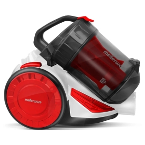 Mellerware canister vacuum cleaner in white and red with large red wheels and a transparent dust container, shown at an angle for product display
