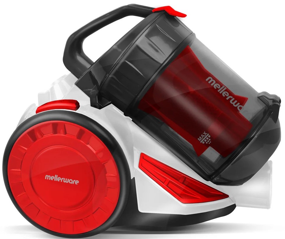 31120A - Computech-Solutions Mellerware canister vacuum cleaner in white and red with large red wheels and a transparent dust container, shown at an angle for product display