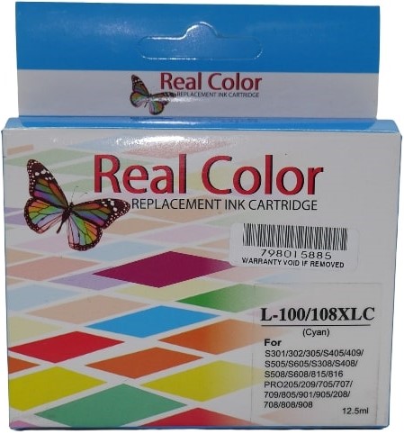 32105742 - Computech-Solutions Box of Real Color replacement ink cartridge with butterfly logo and colorful geometric pattern (cyan) packaging