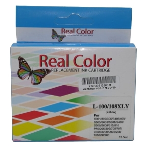 Real Color replacement ink cartridge box with a colorful diamond pattern and butterfly graphic; yellow ink (L-100/108XLY) label visible.