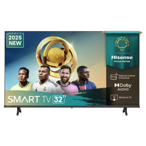 32-inch Hisense Smart TV displaying World Cup 2025 artwork with four footballers and a gold trophy; '2025 New' banner visible on top-left.