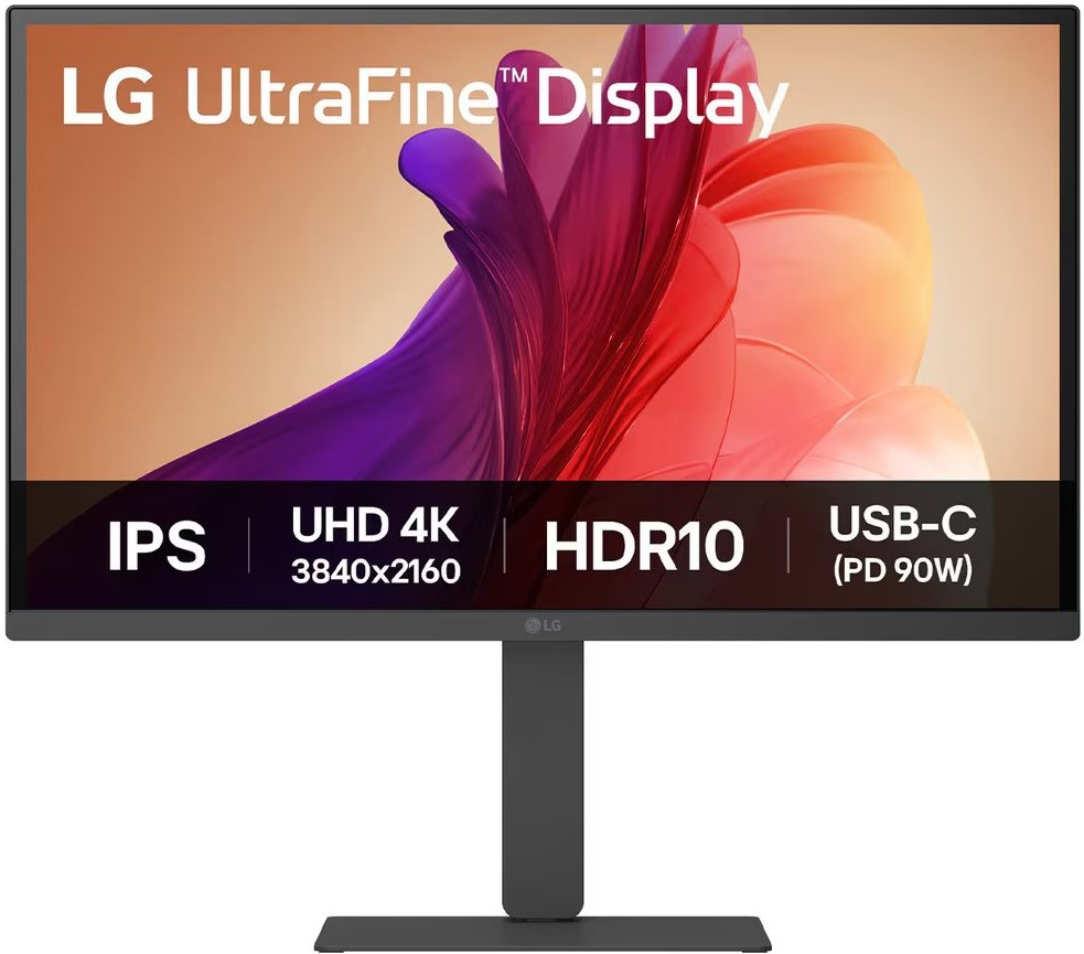 32U720A-BAFB - Computech-Solutions LG UltraFine Display monitor on stand highlighting IPS, UHD 4K (3840x2160), HDR10 and USB-C features