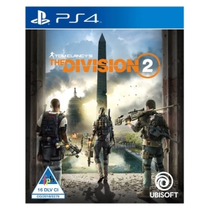PS4 game cover for Tom Clancy's The Division 2 featuring three armed agents walking toward the Washington Monument with a ruined city backdrop.