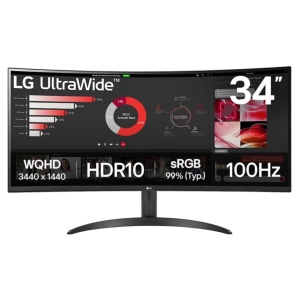 LG UltraWide 34-inch monitor on a curved stand displaying a data dashboard with bar charts, a red/gray donut chart labeled '2023 Growth Rate', thumbnails on the right, and bottom panels reading 'WQHD 3440 x 1440', 'HDR10', 'sRGB 99% (Typ.)', and '100Hz'.