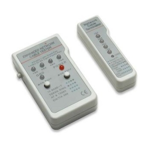 Two portable network cable testers with LED indicators and a red test button, used to test Ethernet cables.