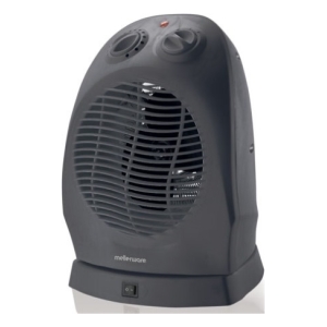 Dark gray portable space heater with a circular front grille, two top controls, and a switch on the base (brand: Mellerware)