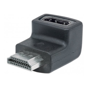 Right-angle HDMI adapter with a male HDMI plug and a female HDMI port on top.