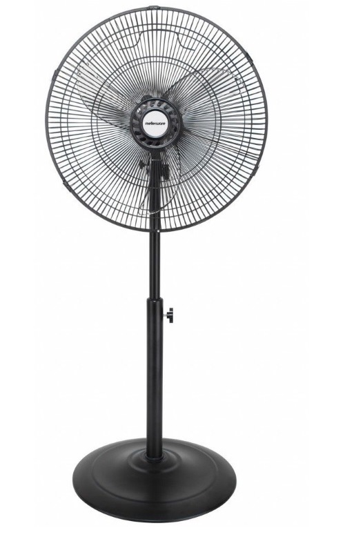 35920B - Computech-Solutions Black pedestal fan with a circular grille and adjustable-height stand on a round base, facing forward.