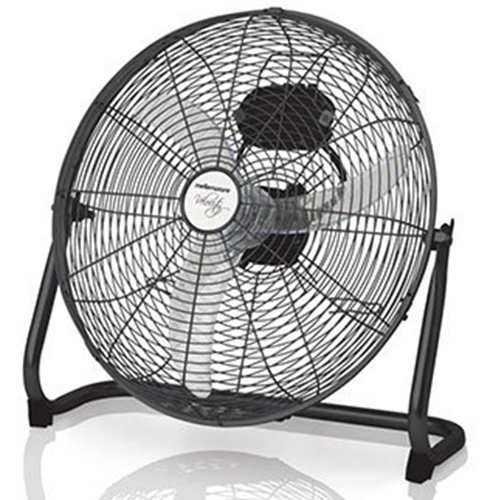 35960 - Computech-Solutions Black round pedestal fan with protective grille and three blades on a curved metal stand