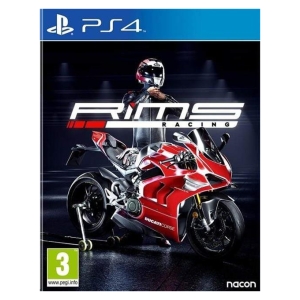 PS4 game cover for RIMS Racing showing a red Ducati racing motorcycle and rider on a dark track; PEGI 3 rating, Nacon logo.