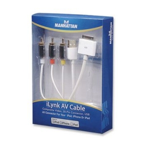 Manhattan iLynk AV Cable packaging with a white AV cable and RCA connectors (red, white, yellow) and a USB plug for iPhone/iPod.