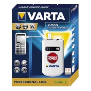 VARTA V-Man Power Pack portable charger box showing white power unit and phone charging illustration.