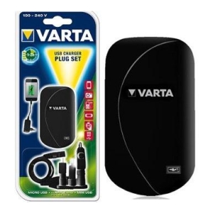 Retail packaging for VARTA USB charger plug set, showing car charger, cables, and a black VARTA power bank.