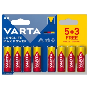 VARTA AA alkaline battery pack (10 batteries) on blue/yellow packaging with 5+3 Free offer label.