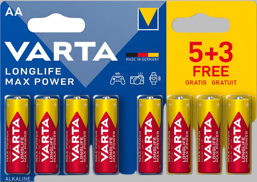 4008496744152 - Computech-Solutions VARTA AA alkaline battery pack (10 batteries) on blue/yellow packaging with 5+3 Free offer label.