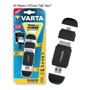 VARTA Phone Power mobile battery adapter in packaging with modular connectors and USB plug, promising 60 minutes extra talk time.