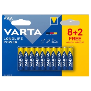 VARTA LongLife Power alkaline batteries pack with an 8+2 free offer on blue/yellow packaging.