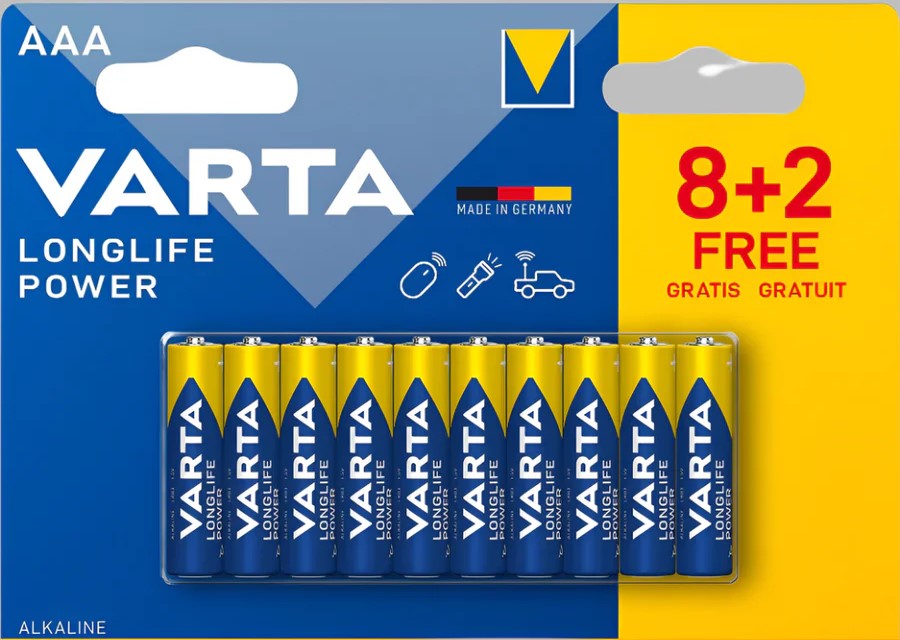 4008496927470 - Computech-Solutions VARTA LongLife Power alkaline batteries pack with an 8+2 free offer on blue/yellow packaging.