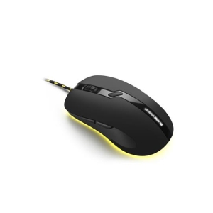 Black wired gaming mouse with yellow underglow and side buttons on a white background, angled to the left.