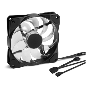 Black square PC case fan with clear blades and a bundled power cable.