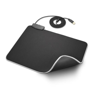 Ergonomic black mouse pad with built-in wrist rest and a USB cable, shown on a white background.
