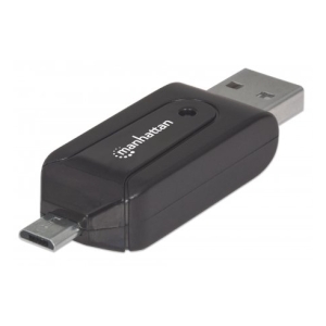 Manhattan USB OTG adapter with micro-USB and USB-A connectors.