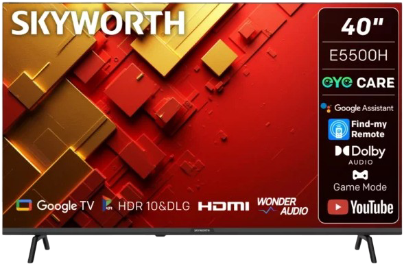 40E5500H - Computech-Solutions Skyworth 40-inch smart TV with a red geometric background and icons for Google TV, HDR10, HDMI, YouTube, and Dolby Audio on the screen edge panel.