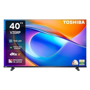 40-inch Toshiba V35RP LED TV with a colorful, abstract display and on-screen labels like FHD LED and Regza engine (product shot).