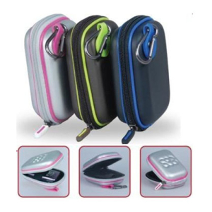 4161815201818 - Computech-Solutions Three compact hard-shell travel cases with pink, lime, and blue zippers and clip rings; insets show opened interiors and a small keypad-like gadget.