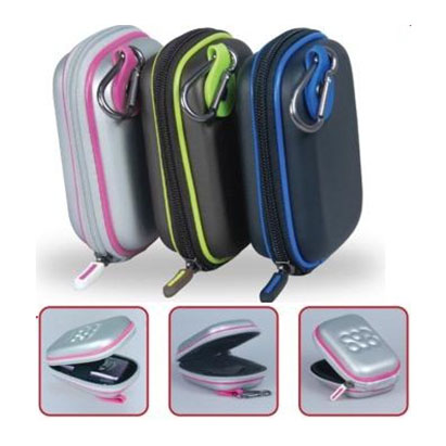 4161815201818 - Computech-Solutions Three compact hard-shell travel cases with pink, lime, and blue zippers and clip rings; insets show opened interiors and a small keypad-like gadget.