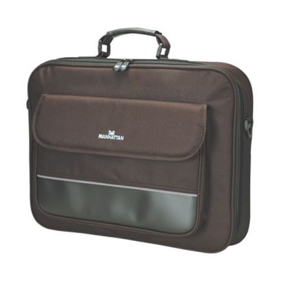 421560 - Computech-Solutions Brown Manhattan briefcase with front pocket and gray-accent panel, top handle and zipper closure.