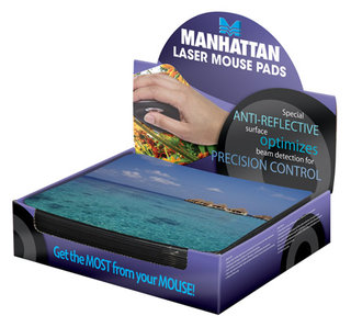 421881 - Computech-Solutions Retail display for Manhattan laser mouse pads, showing a hand using a mouse on a blue pad; packaging advertises anti-reflective surface for precision control.