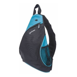 Blue and black compact sling backpack with a front zip pocket and a blue mesh side pocket