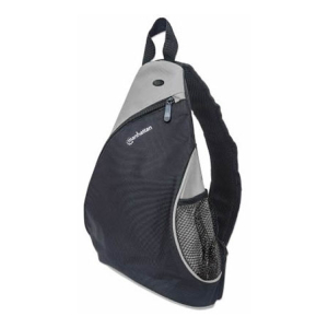Navy and gray sling backpack with a single shoulder strap, front zip pocket, and a mesh side pocket.
